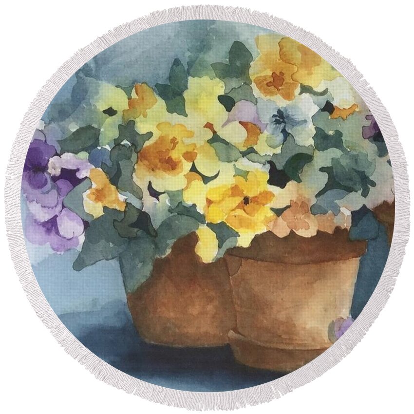 Pansies Round Beach Towel featuring the painting Detail of Pansies #2 by Lael Rutherford