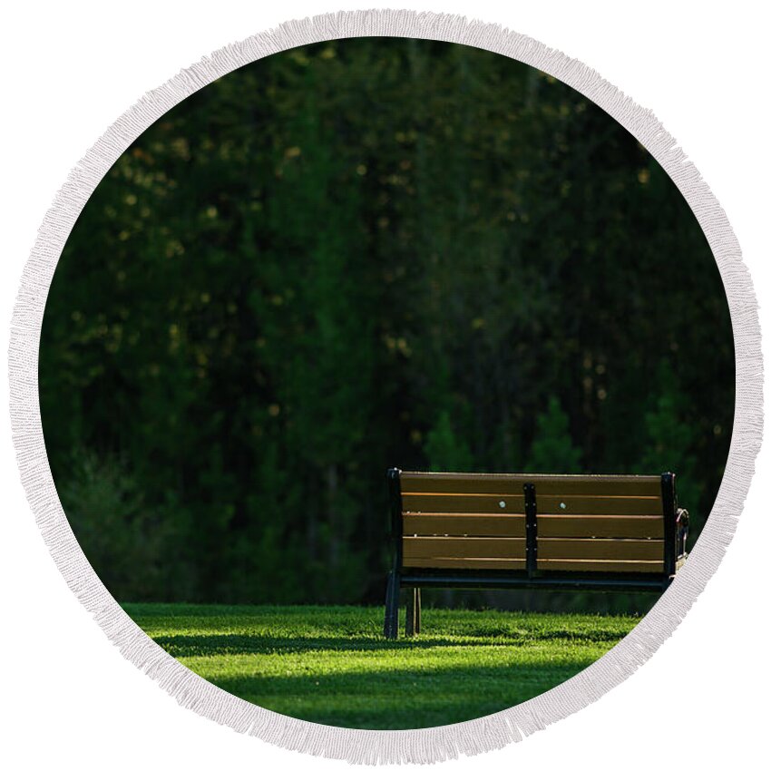 Bench Round Beach Towel featuring the photograph Park bench at sunrise by Julieta Belmont