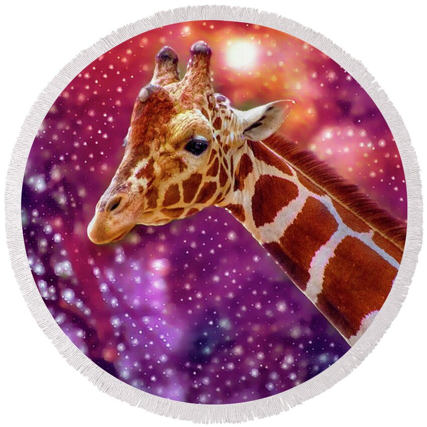 Giraffe Round Beach Towel featuring the painting Party Animal Giraffe by Jeanette Mahoney