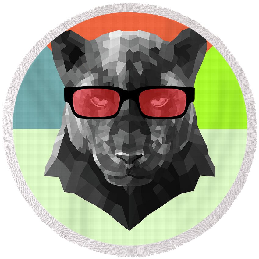 Panther Round Beach Towel featuring the digital art Party Panther in Red Glasses by Naxart Studio