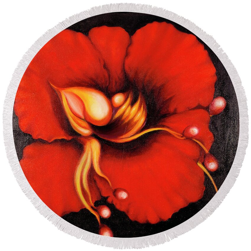 Red Surreal Bloom Artwork Round Beach Towel featuring the painting Passion Flower by Jordana Sands