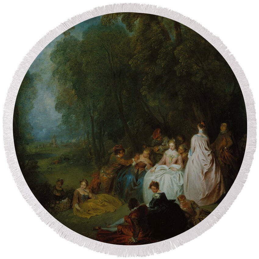 18th Century Art Round Beach Towel featuring the painting Pastoral Gathering by Jean-Antoine Watteau