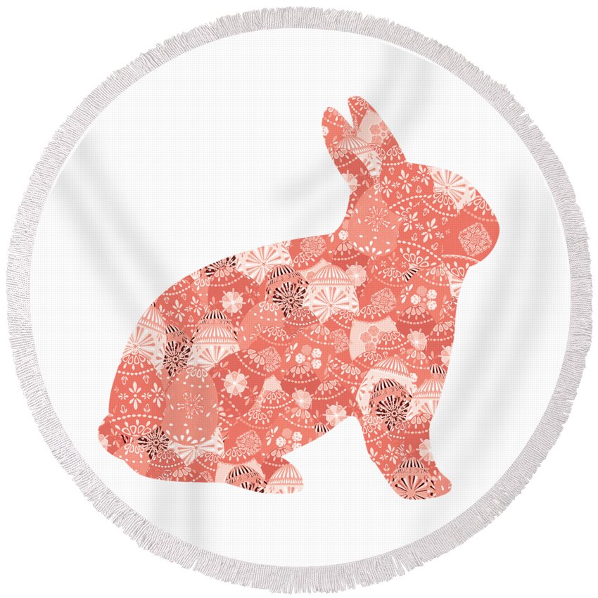 Bunny Round Beach Towel featuring the digital art Patchwork Bunny in Trendy Living Coral by Marianne Campolongo