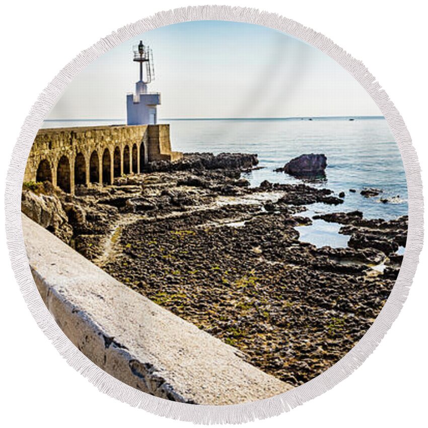 Italy Round Beach Towel featuring the photograph path to lighthouse on the Adriatic sea by Vivida Photo PC