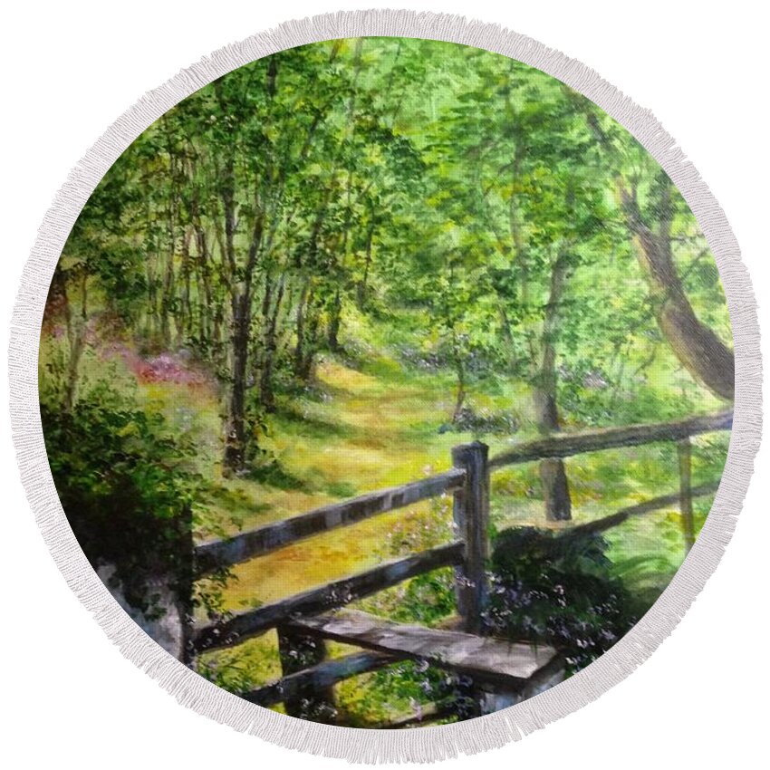 Bluebells Round Beach Towel featuring the painting Path way through the countryside England by Lizzy Forrester