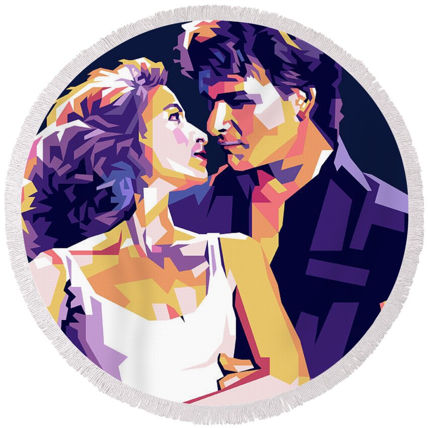 Synopsis Round Beach Towel featuring the digital art Patrick Swayze and Jennifer Grey in ''Dirty Dancing'', with synopsis by Movie World Posters