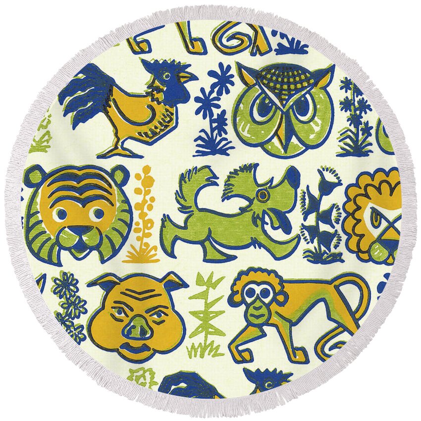 Animal Round Beach Towel featuring the drawing Pattern of Animals by CSA Images