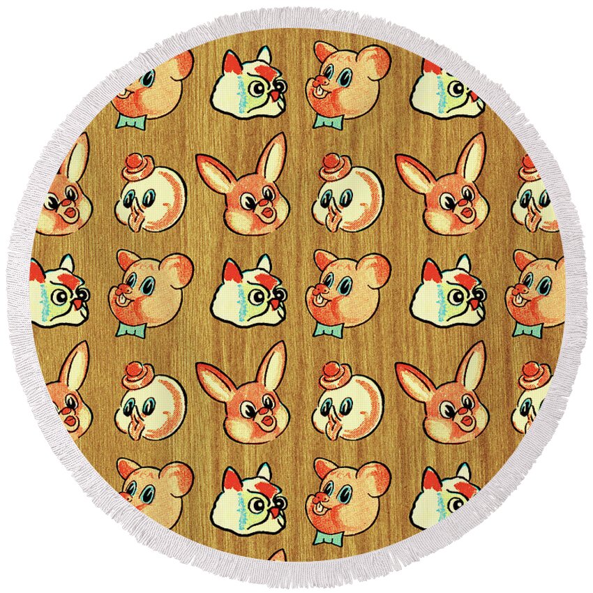 Animal Round Beach Towel featuring the drawing Pattern of Young Animal Faces by CSA Images