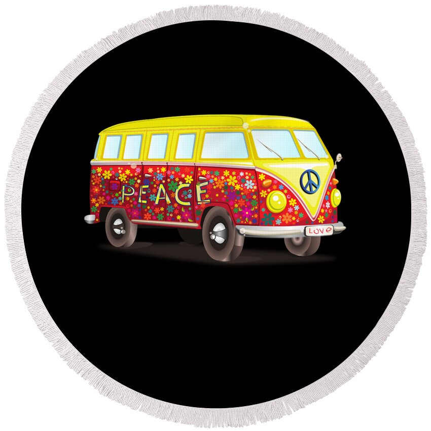 Cool Round Beach Towel featuring the digital art Peace And Love Hippy Van by Flippin Sweet Gear