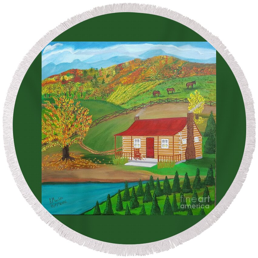 Log Cabin Round Beach Towel featuring the painting Peace in the Valley by Elizabeth Mauldin