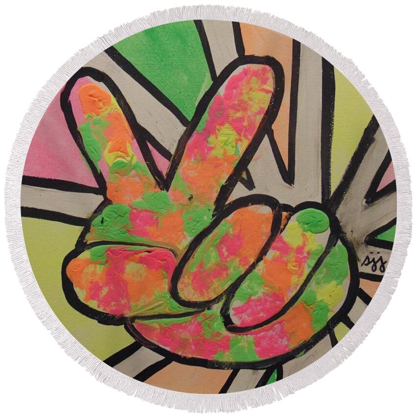 1960s Round Beach Towel featuring the painting Peace Sign by Saundra Johnson