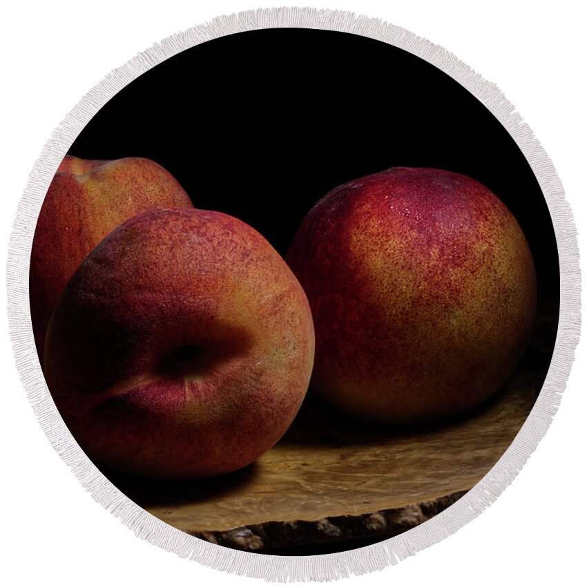 Fruits Round Beach Towel featuring the photograph Peaches on Wood Plate by Richard Rizzo