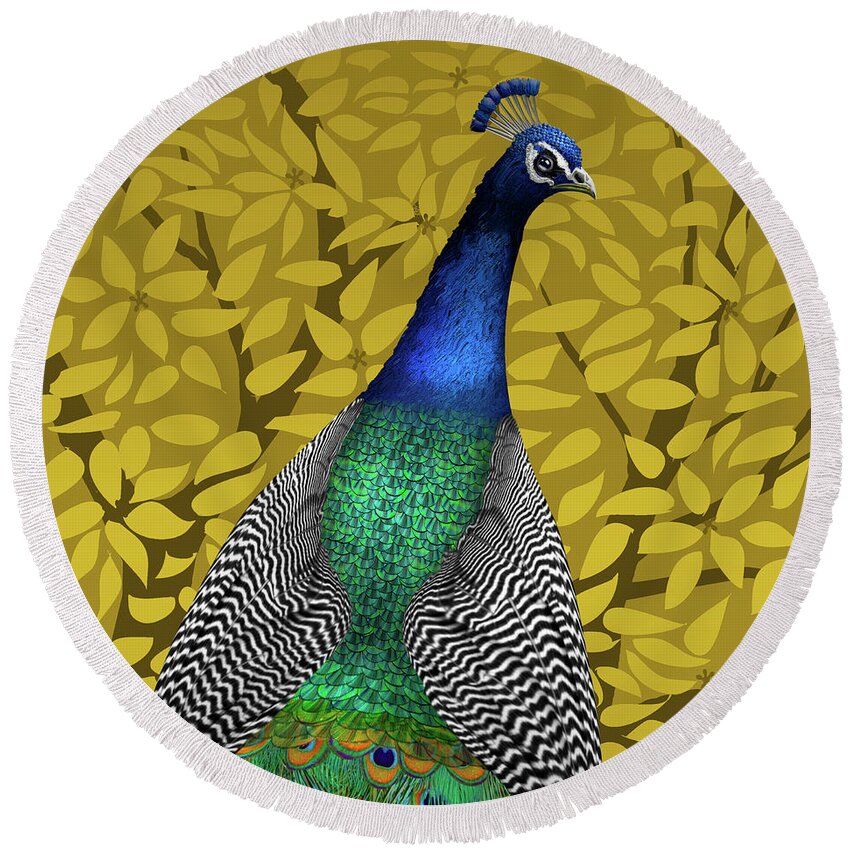 Peacock In Tree Round Beach Towel featuring the painting Peacock in Tree, Golden Ochre, Square by David Arrigoni