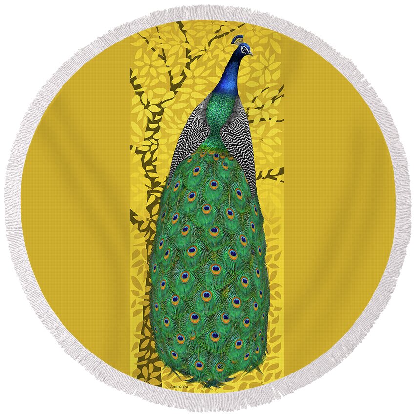 Peacock In Tree Round Beach Towel featuring the painting Peacock in Tree, Naples Yellow, Tall by David Arrigoni