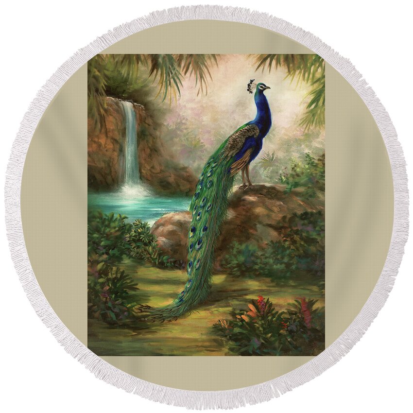 Peacock Round Beach Towel featuring the painting A Peacocks Paradise by Lynne Pittard