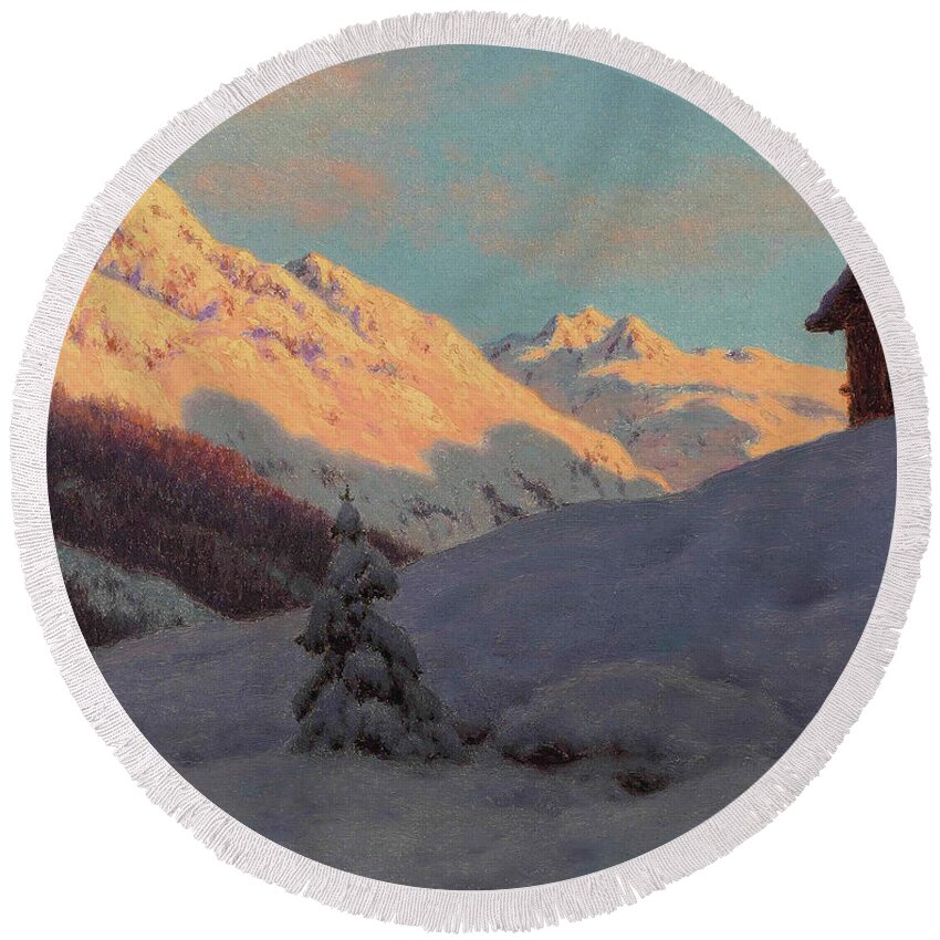 Snow Round Beach Towel featuring the painting Peaks in the Engadine by Ivan Fedorovich Choultse