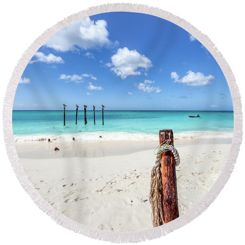 Aruba Round Beach Towel featuring the photograph Pelicans Perch by David Letts