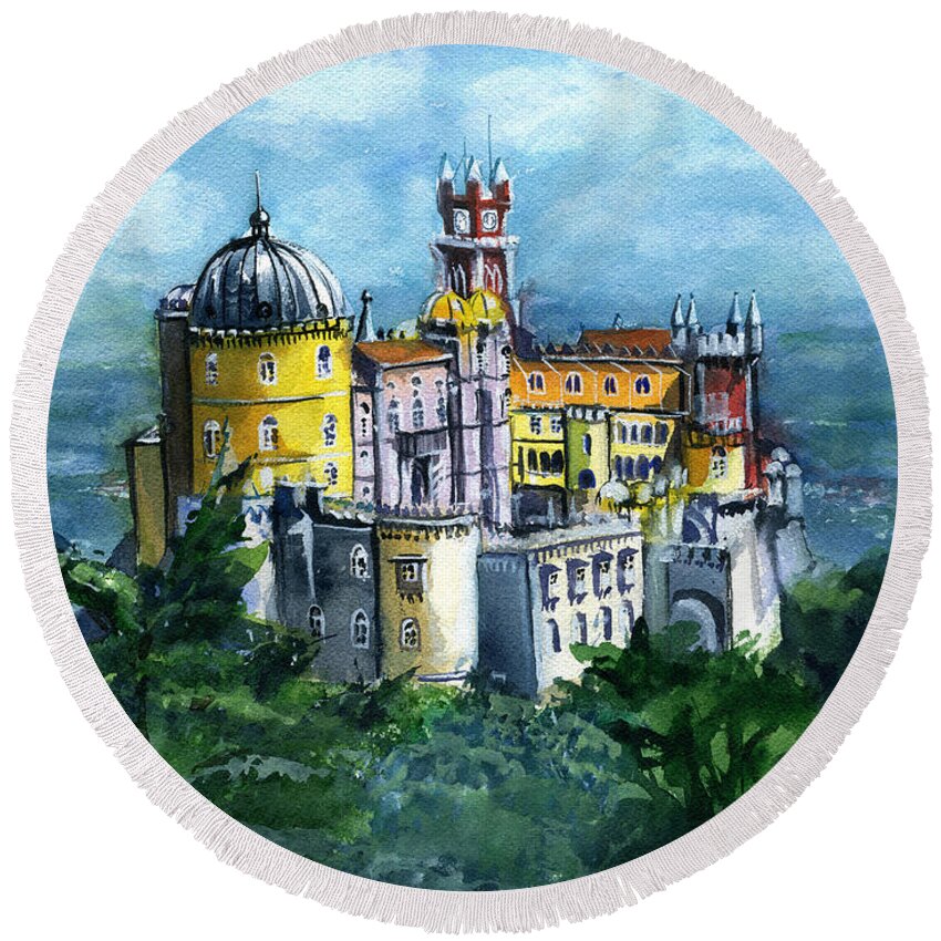 Lisboa Round Beach Towel featuring the painting Pena National Palace in Sintra Portugal by Dora Hathazi Mendes