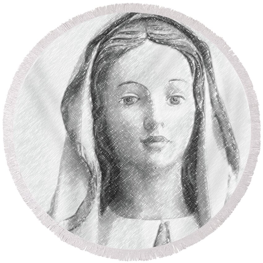 Blessed Virgin Mary Round Beach Towel featuring the photograph pencil sketch with vignette of Blessed Virgin Mary by Vivida Photo PC