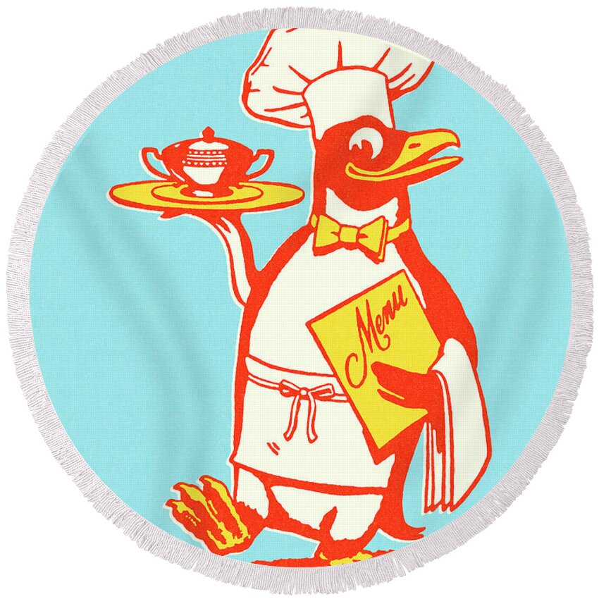 Accessories Round Beach Towel featuring the drawing Penguin Chef and Server by CSA Images