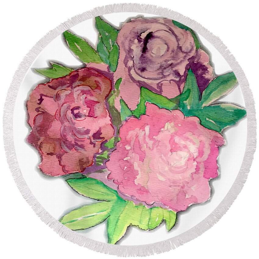 Peonie Round Beach Towel featuring the painting Peonie Roses by AHONU Aingeal Rose