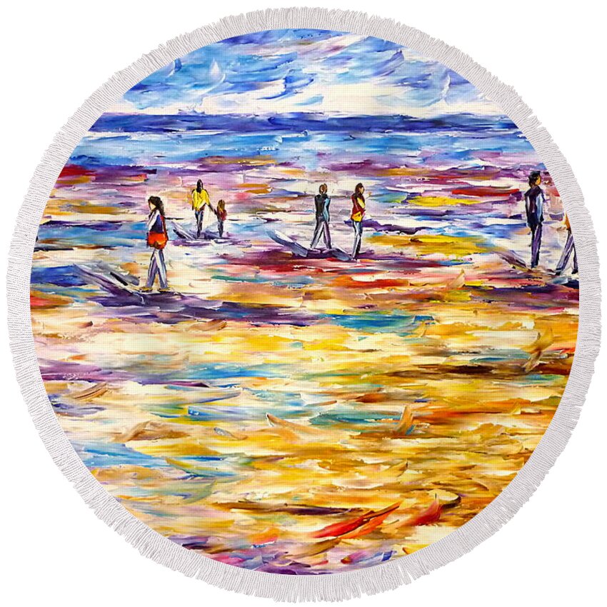 Beach Abstract Round Beach Towel featuring the painting People On The Beach by Mirek Kuzniar