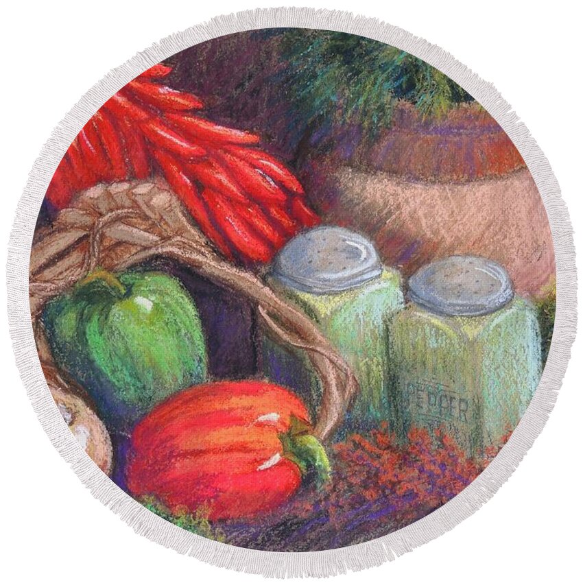 Still Life Round Beach Towel featuring the pastel Peppers, Etc. by Candy Mayer