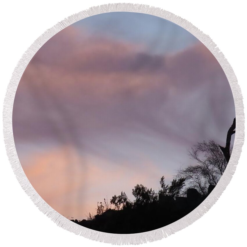 Affordable Round Beach Towel featuring the photograph Perch Silhouetted by Sunset Virga by Judy Kennedy