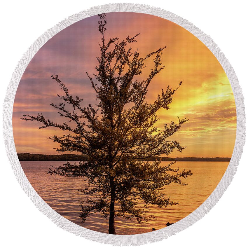 Percy Priest Lake Round Beach Towel featuring the photograph Percy Priest Lake Sunset Young Tree by D K Wall