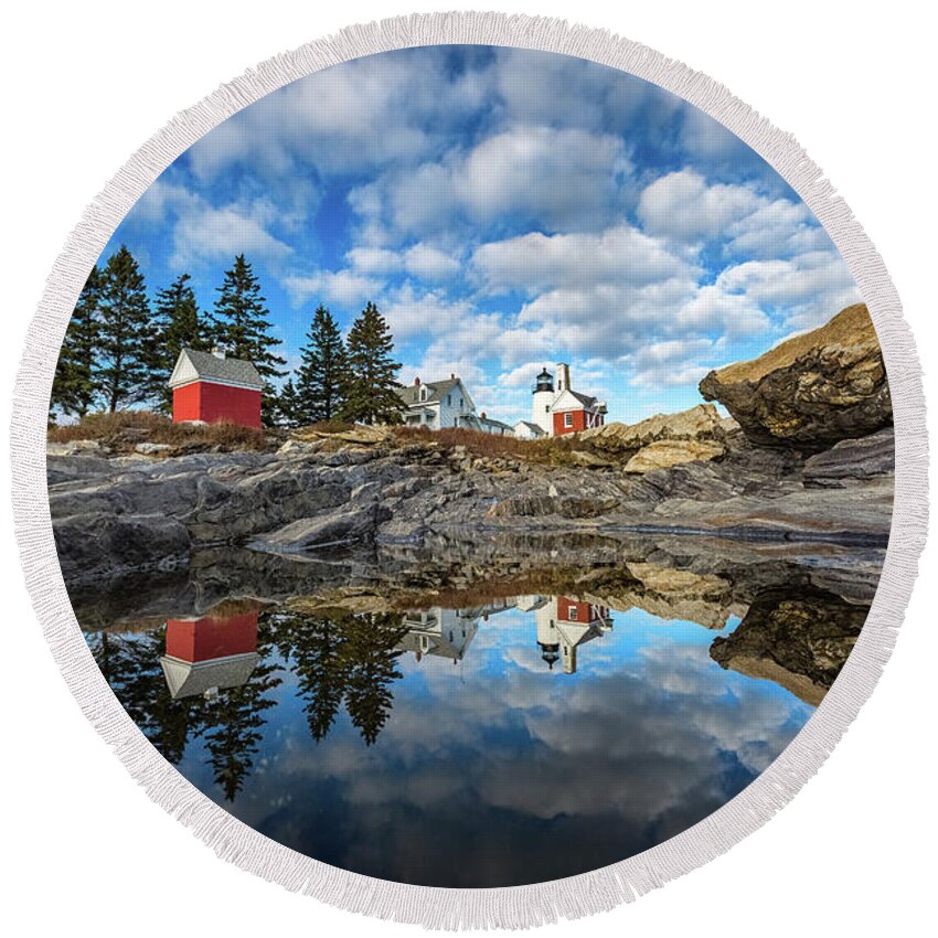Bristol Round Beach Towel featuring the photograph Perfect Reflections - Pemaquid Point Light by Robert Clifford