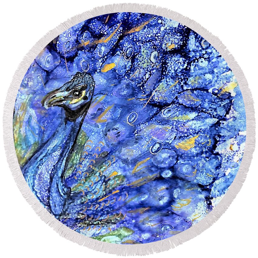 Peacock Round Beach Towel featuring the painting Pesky Peacock by Patty Donoghue