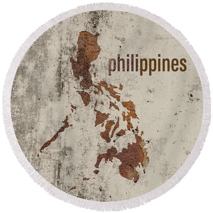 Philippines Round Beach Towel featuring the mixed media Philippines Map Rusty Cement Country Shape Series by Design Turnpike