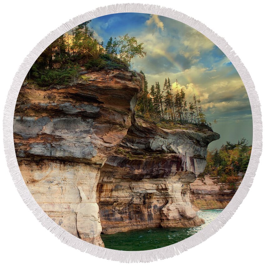 Evie Round Beach Towel featuring the photograph Pictured Rocks Michigan by Evie Carrier