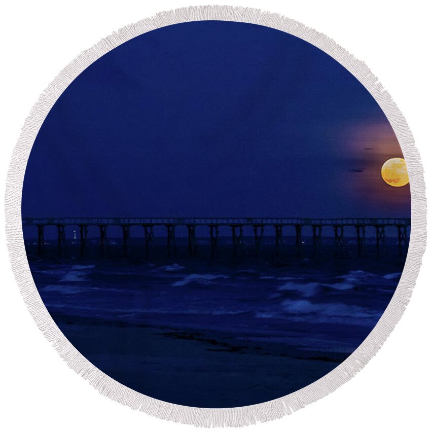 Moon Round Beach Towel featuring the photograph Pier and Moon by Nick Noble