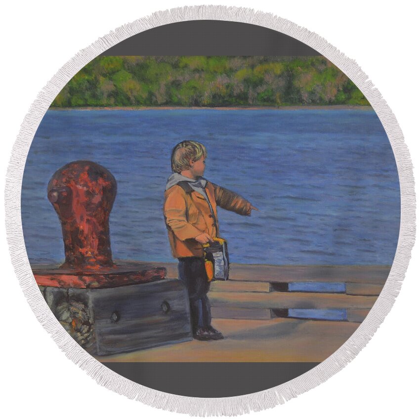 Piermont Pier Round Beach Towel featuring the painting Piermont Pier Boy by Beth Riso