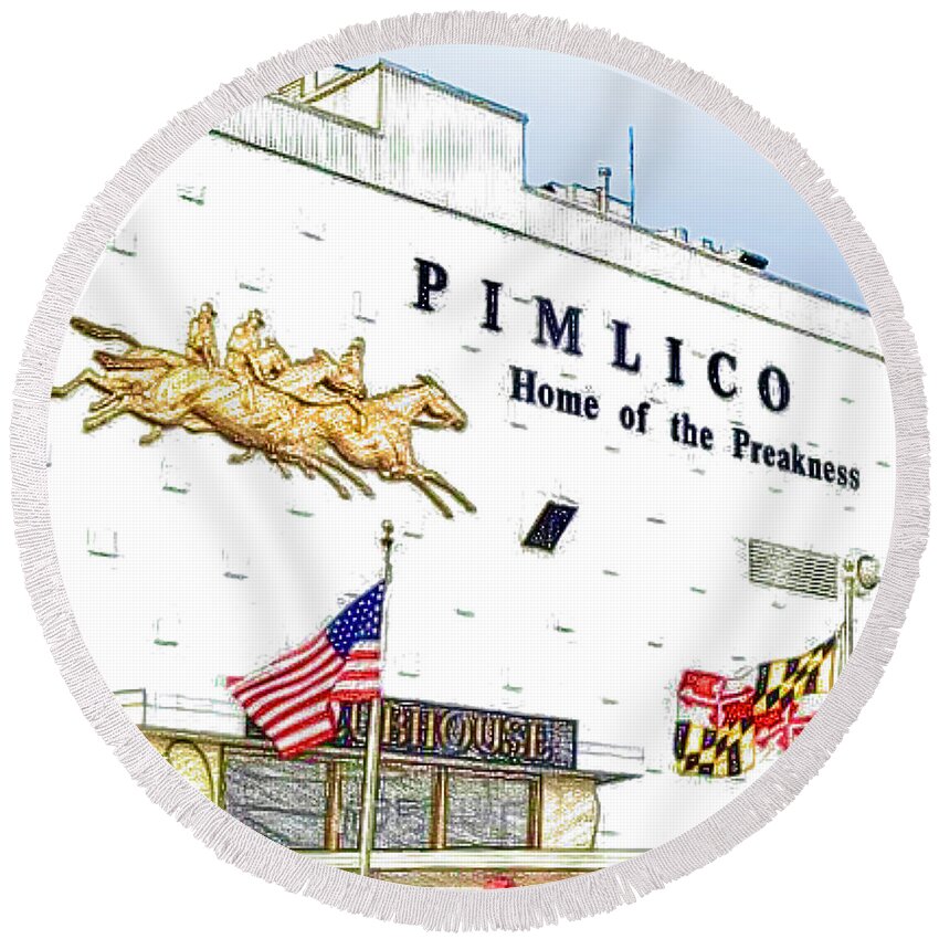 Pimlico. Preakness Stakes Round Beach Towel featuring the digital art Pimlico by CAC Graphics
