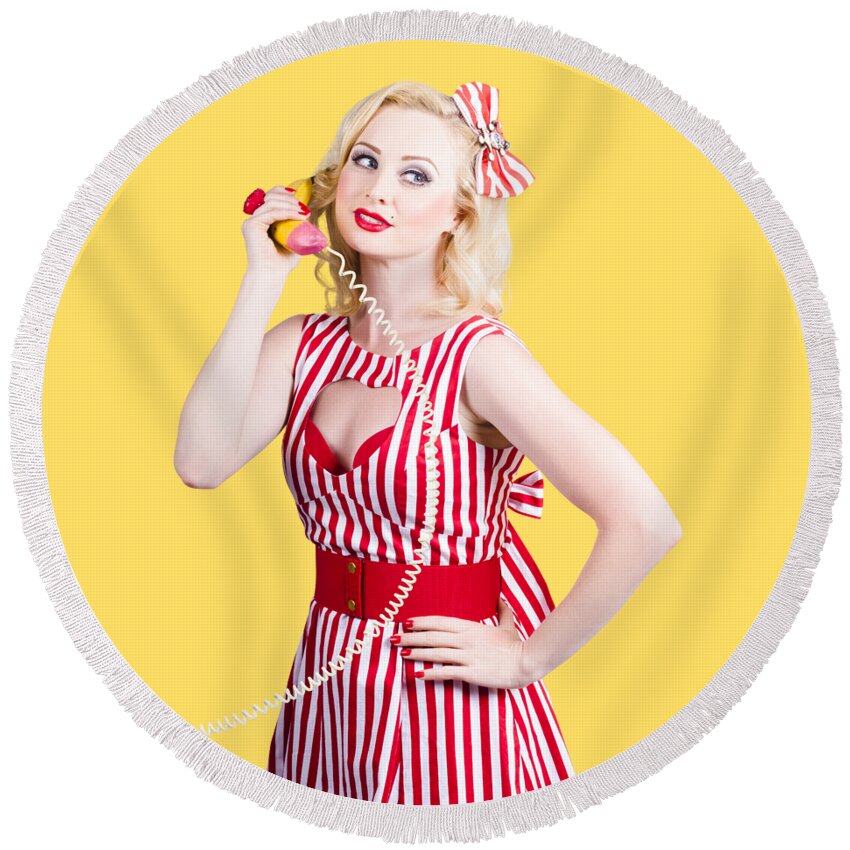 Pinup Round Beach Towel featuring the photograph Pin up woman ordering organic food on banana phone by Jorgo Photography