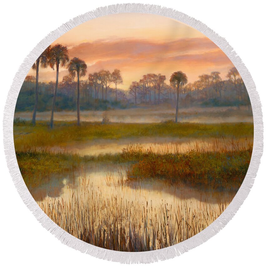 Romantic Landscape Round Beach Towel featuring the painting Pine Glades Sunrise by Laurie Snow Hein