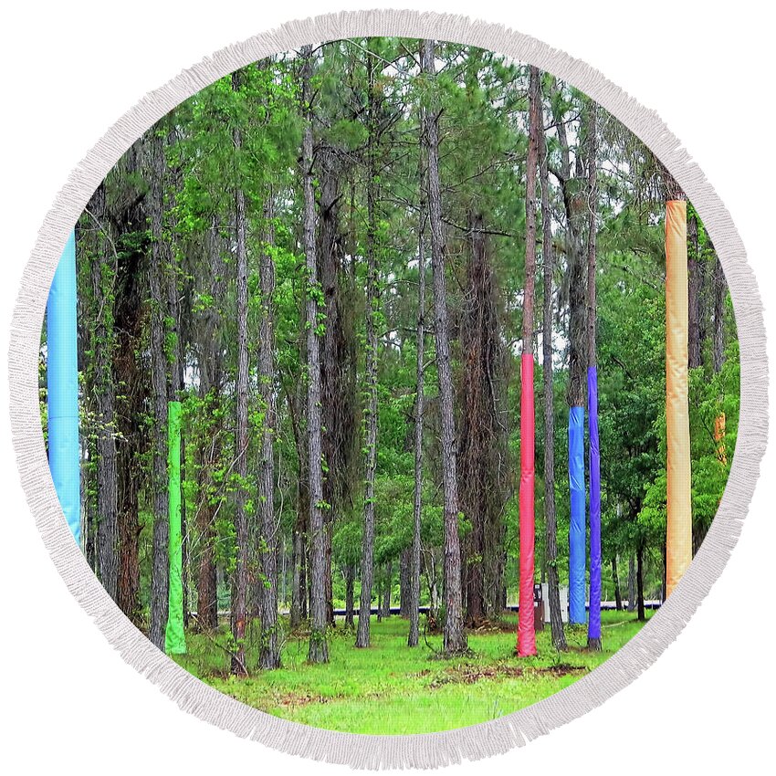 Pine Trees Round Beach Towel featuring the photograph Pine Trees Wrapped In Color by D Hackett
