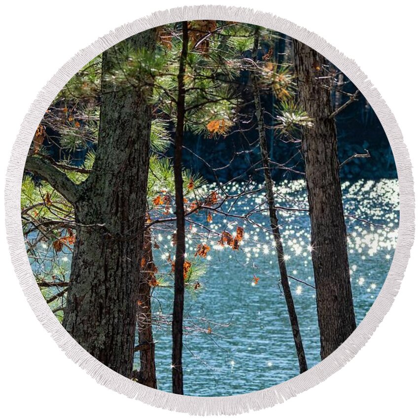 Pine Trees Round Beach Towel featuring the photograph Pines and Diamonds by Mary Ann Artz