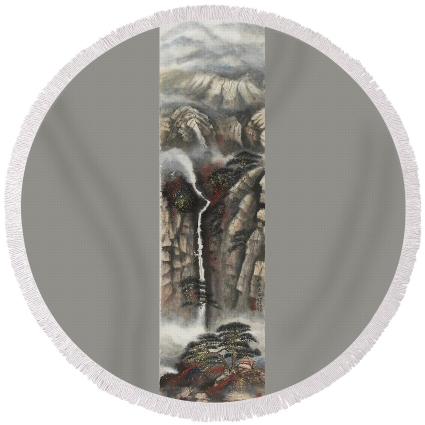 Chinese Watercolor Round Beach Towel featuring the painting The Four Seasons Version 2 - Autumn by Jenny Sanders