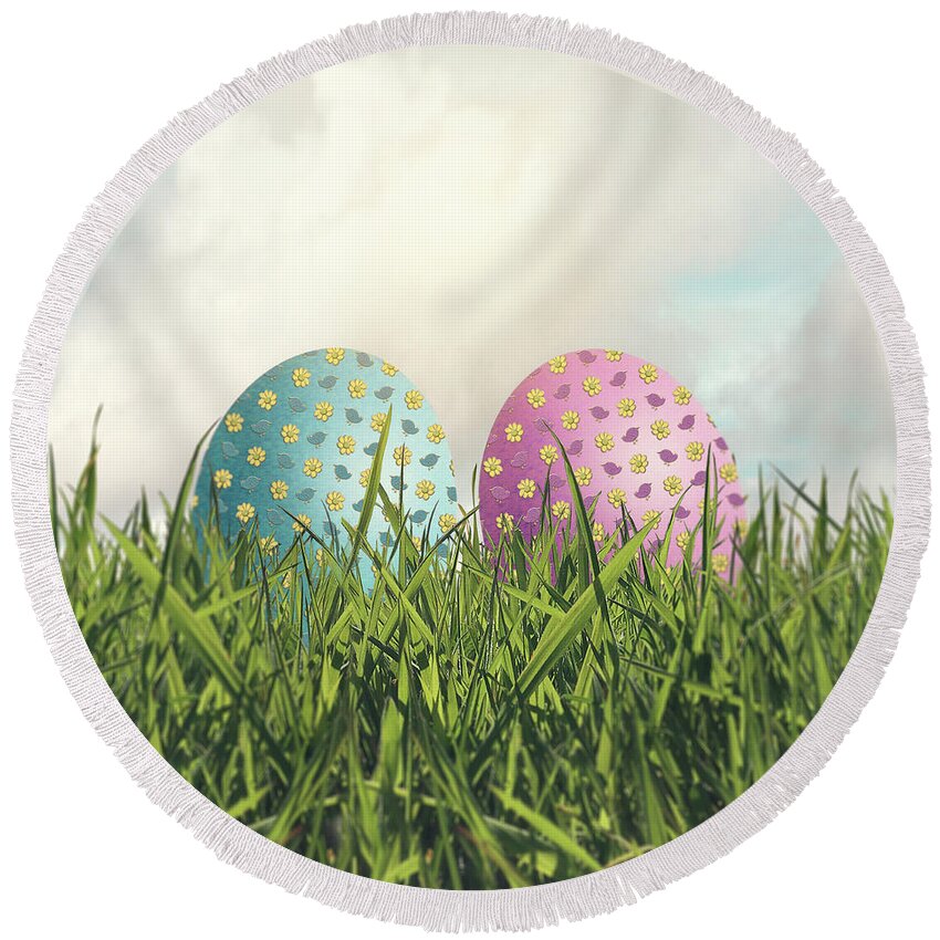 Easter Round Beach Towel featuring the photograph Pink And Blue Floral Easter Eggs On A Bed Of Grass by Ethiriel Photography