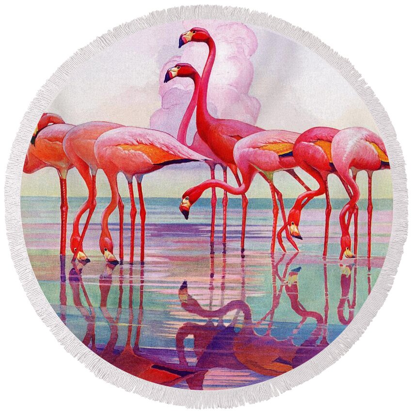 Birds Round Beach Towel featuring the drawing Pink Flamingos by Francis Lee Jaques