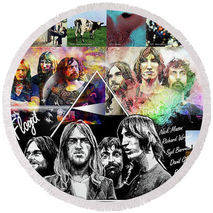 Pink Floyd Round Beach Towel featuring the digital art Pink Floyd English rock band Art Collage, Nick Mason, David Gilmore, Roger Waters, Richard Wright by Scott Mendell