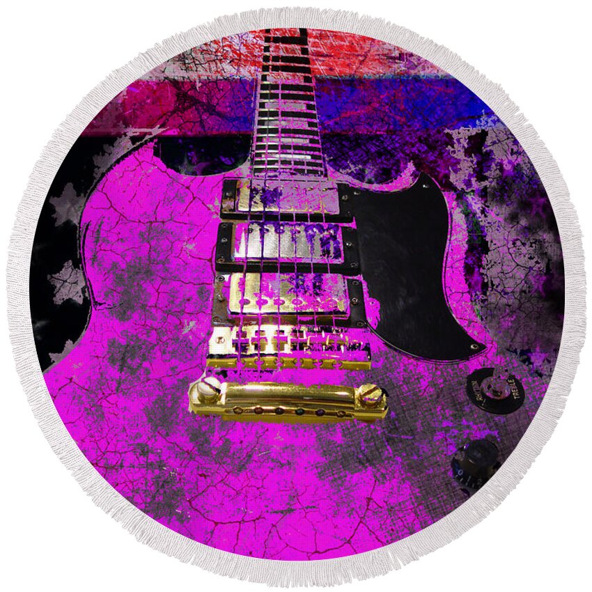 Sg Round Beach Towel featuring the digital art Pink Guitar against American Flag by Guitarwacky Fine Art