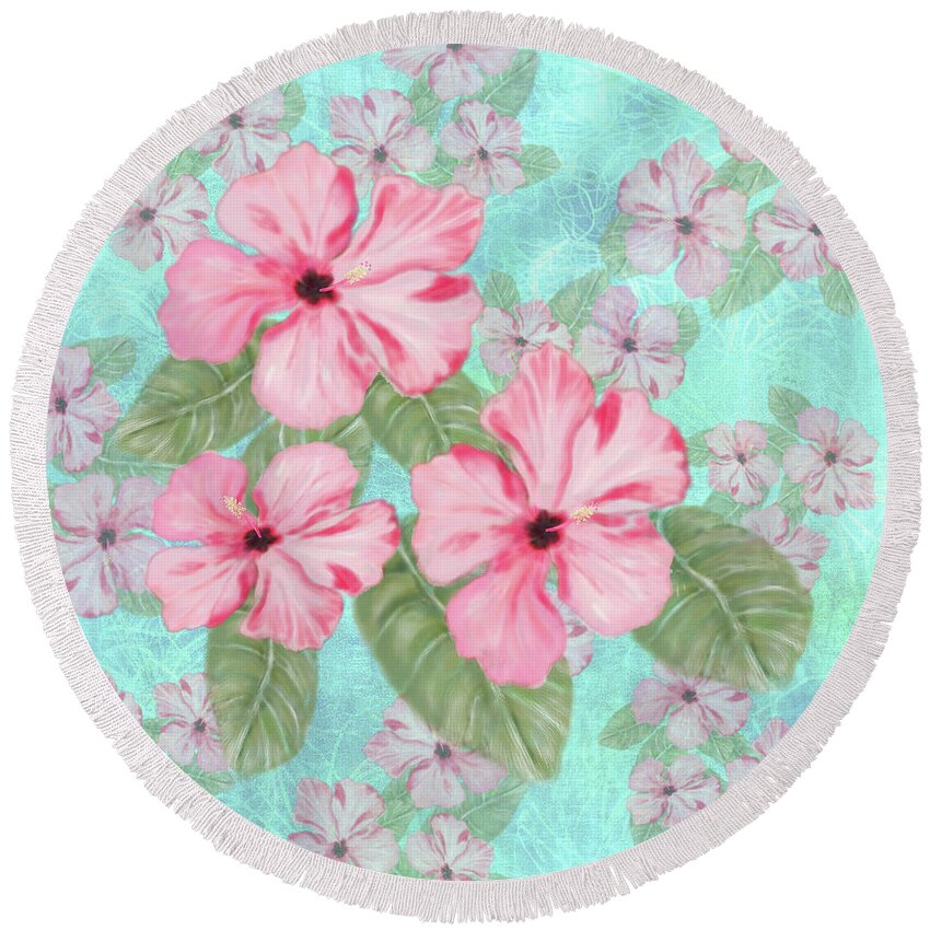 Pink Round Beach Towel featuring the digital art Pink Hibiscus Print on Aqua by Sand And Chi