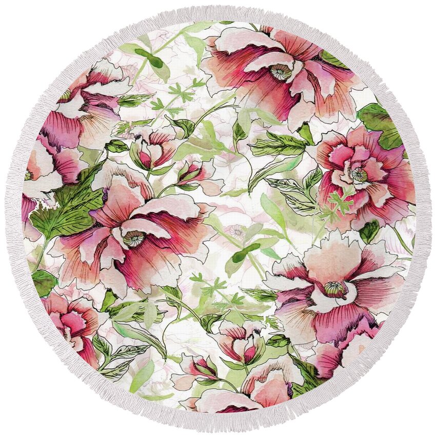 Peony Round Beach Towel featuring the painting Pink Peony Blossoms by Sand And Chi