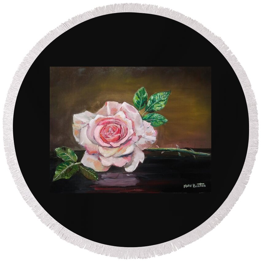 Still Life Round Beach Towel featuring the painting Pink Rose by Mike Benton