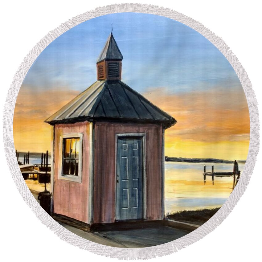 Sunset Round Beach Towel featuring the painting Pink Shed by William Brody