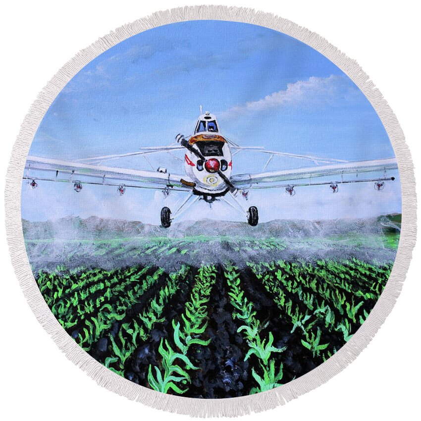 Aircraft Round Beach Towel featuring the painting Piper Pawnee PA-25-235 by Karl Wagner